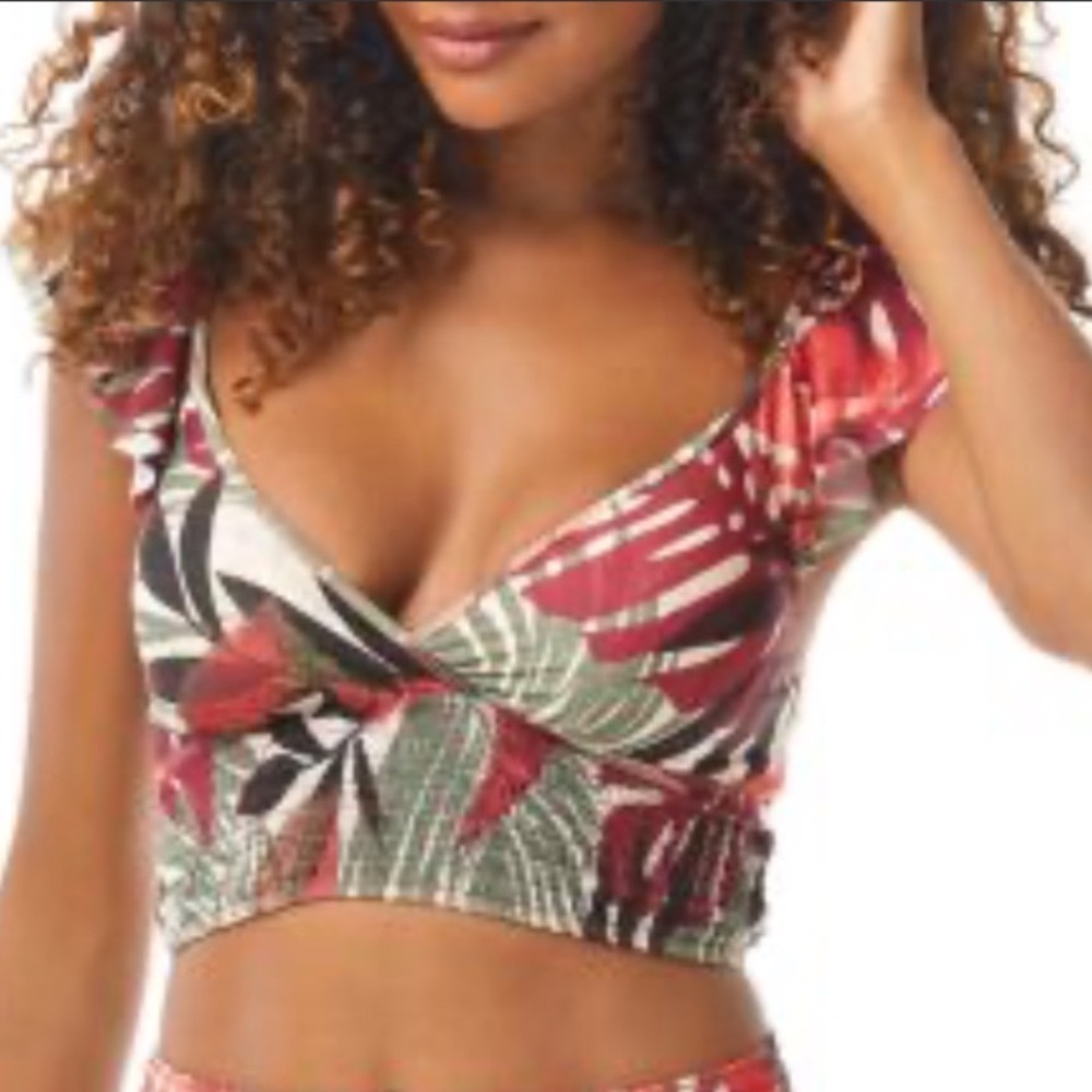 Carmen Marc Valvo Tropical Palm Ruffle Smocked Bikini Top Size Large Floral Swim